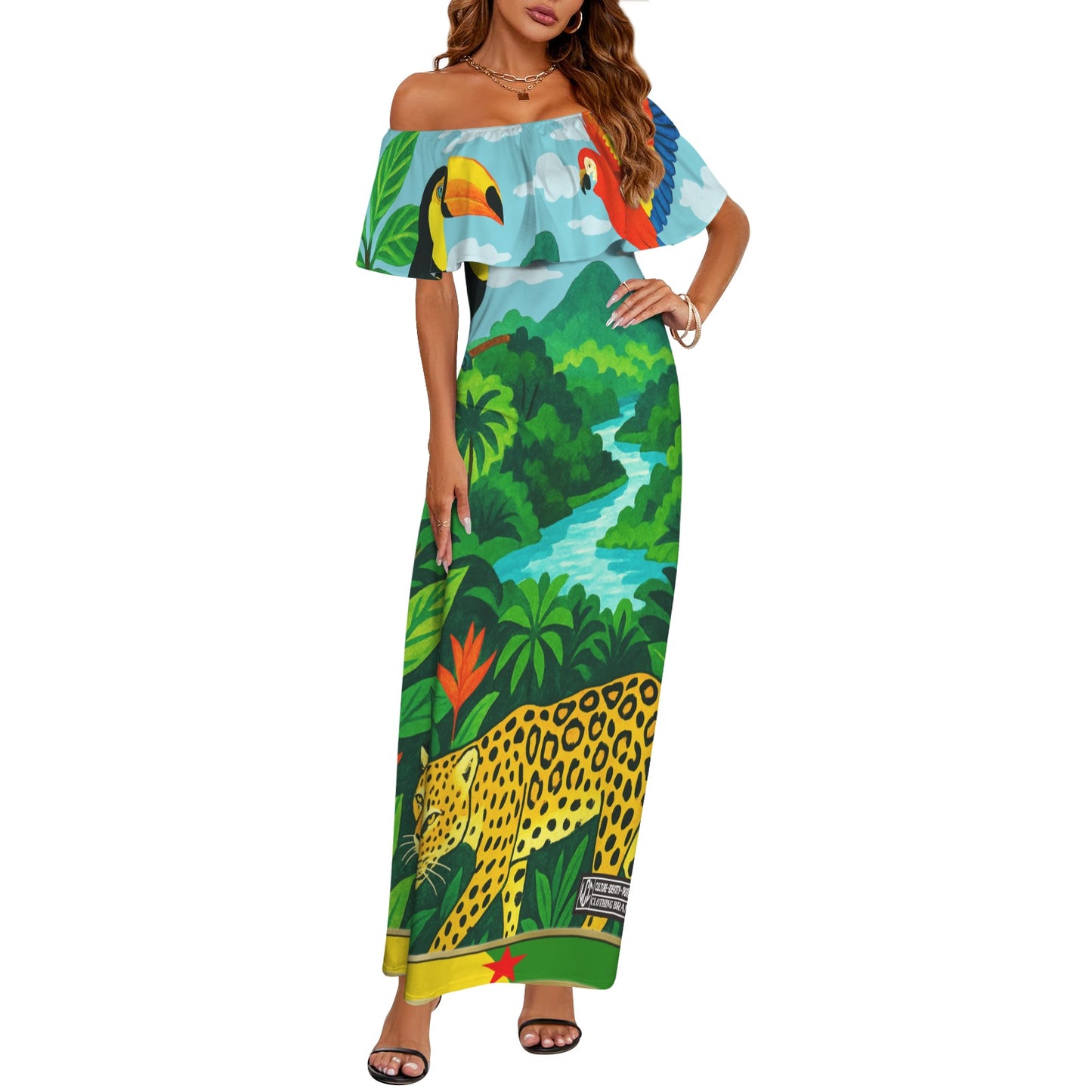 GUYANE PAYSAGE Women's Off Shoulder Ruffle Boat Neck Dress