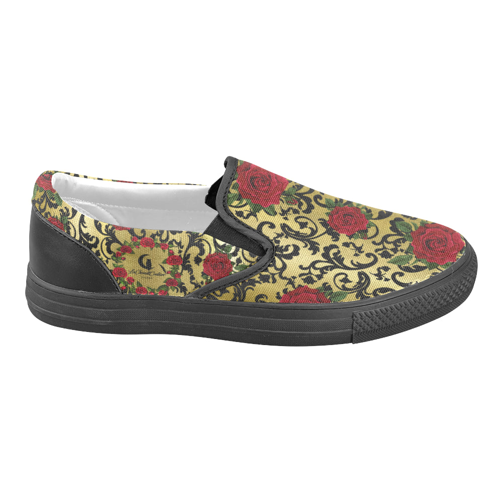 RED ROSES GOLD Unusual Slip-on Canvas Shoes