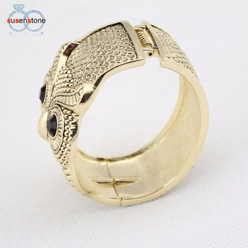 Crystal Large Eye Owl Cuff Wide Bangle Bracelet