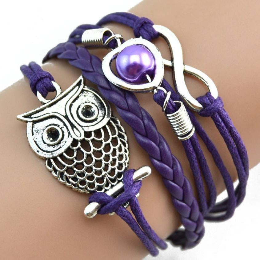 Women sterling-silver-jewelry Lovely Infinity Owl Pearl Friendship Leather Bracelets