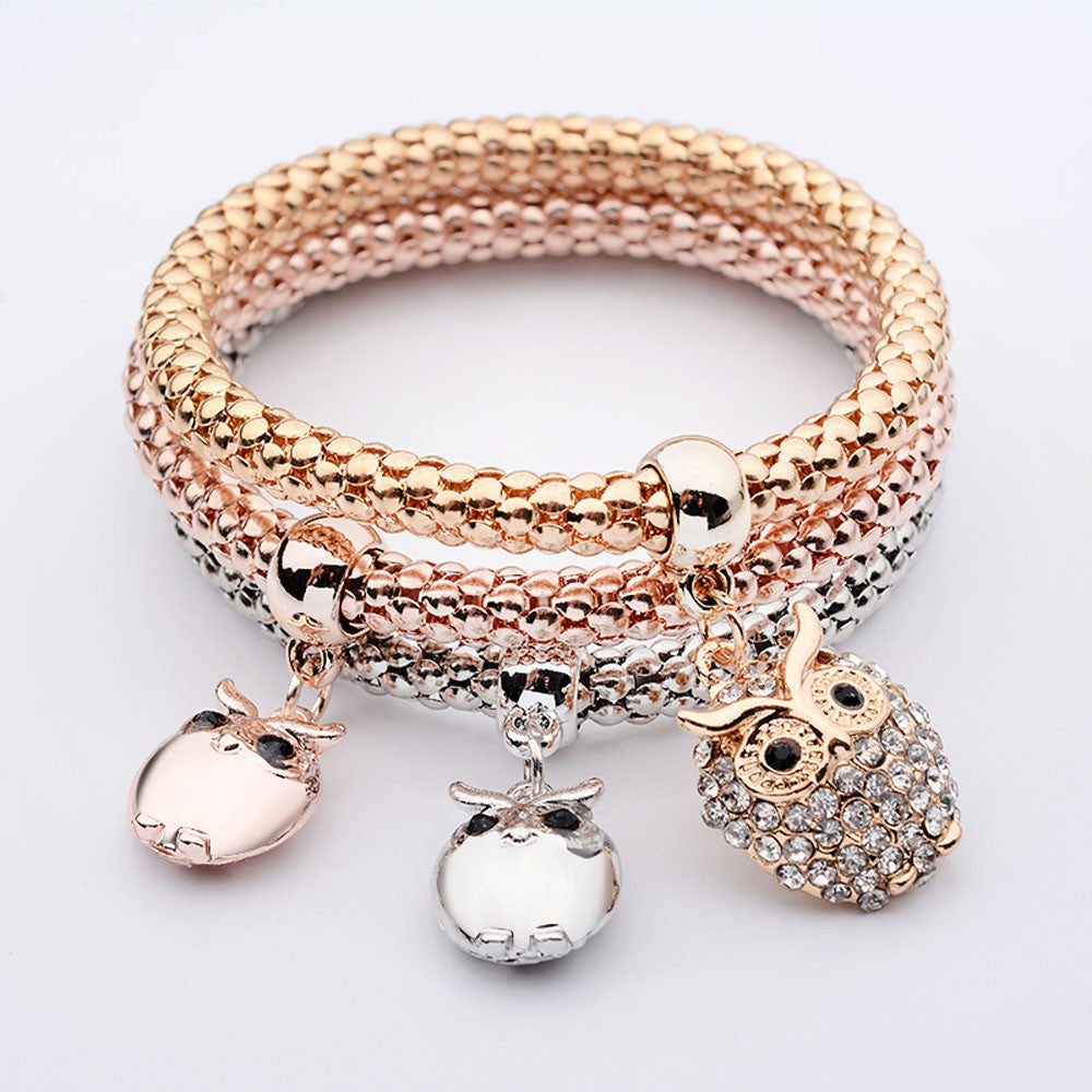3Pcs Rhinestone Owl Pendant Bracelet Multilayer Bracelet