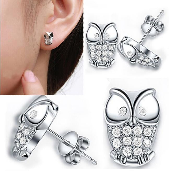 1Pair Shinny Crystal Owl Stud Earrings