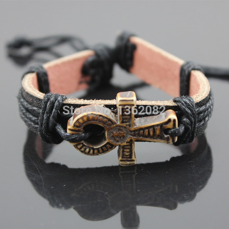 Vintage Style Handmade Leather Ankh Bracelet