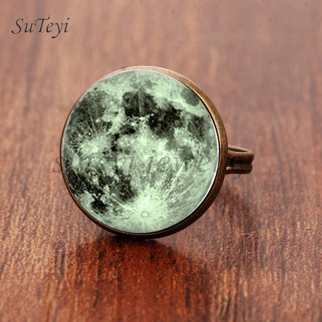 Galaxy Star Moon Glass Cabonchon Ring