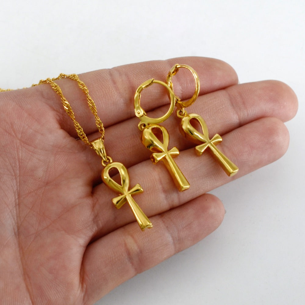 Ankh Pendant & Chain Gold Earrings