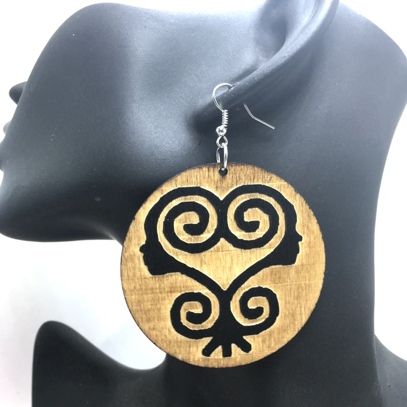 Engraving Adinkra SANKOFA Symbols Wooden Earrings