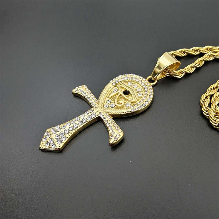 Hip Hop Iced Out Ankh Cross Pendant Necklace Gold