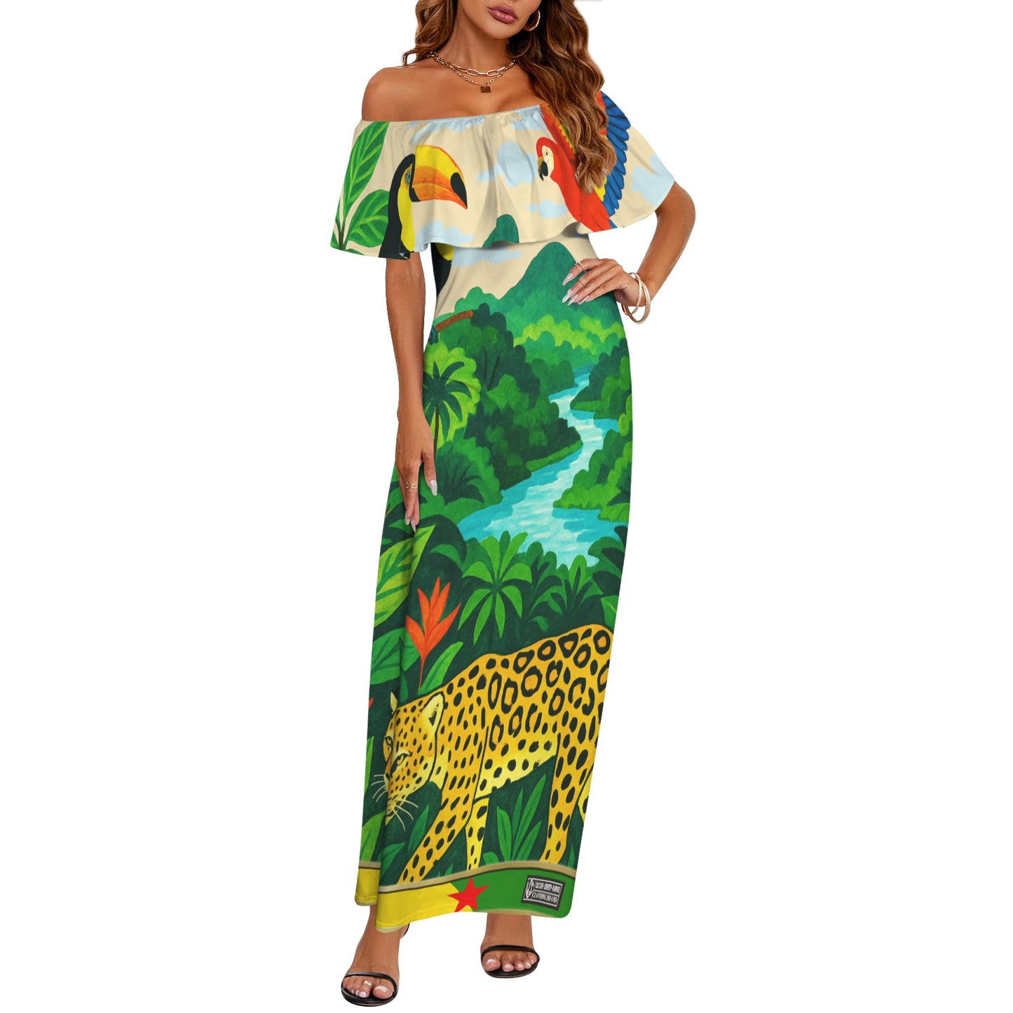 GUYANE PAYSAGE Women's Off Shoulder Ruffle Boat Neck Dress