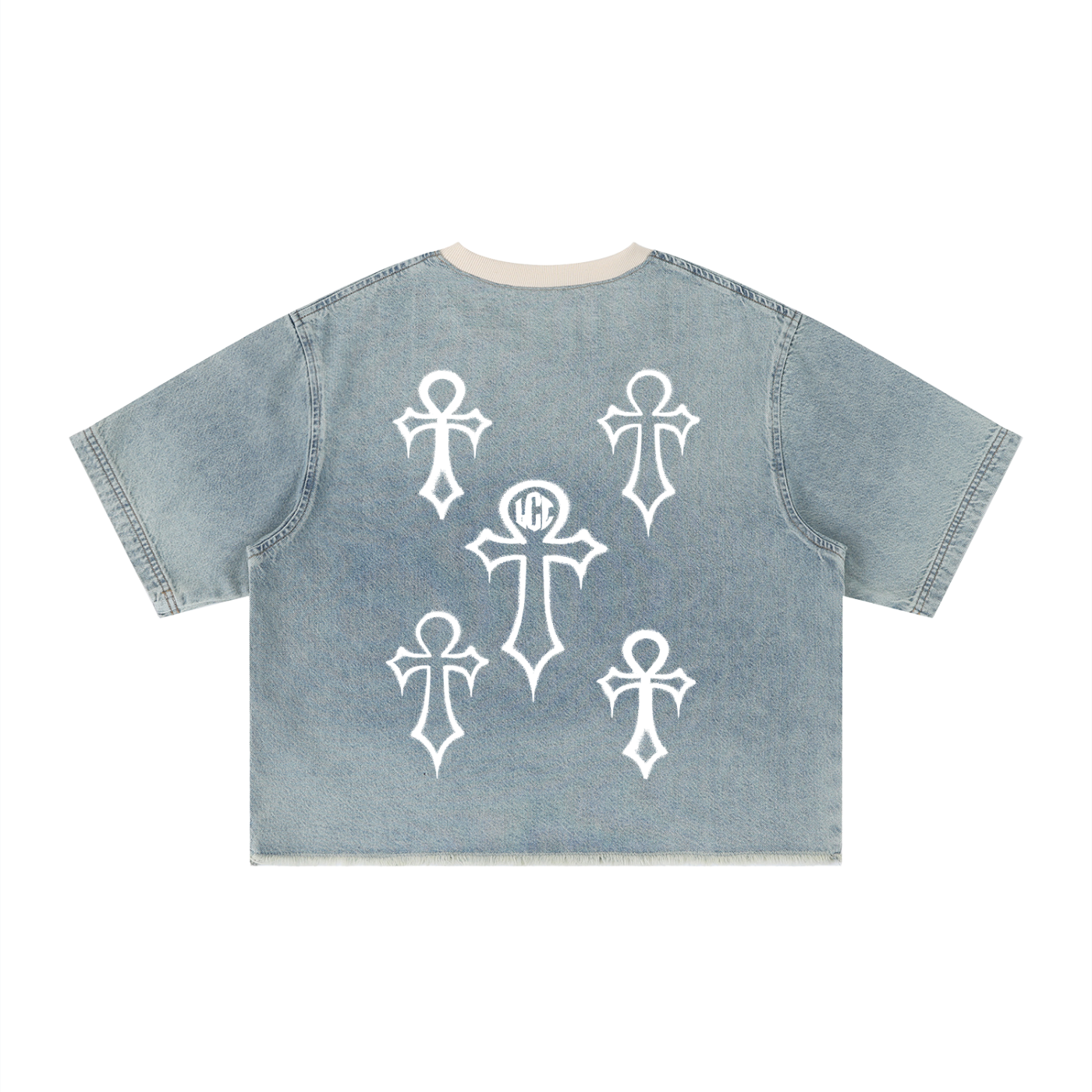 HOLY SIN Unisex Vintage Wash Boxy Raw Hem Denim T-Shirt