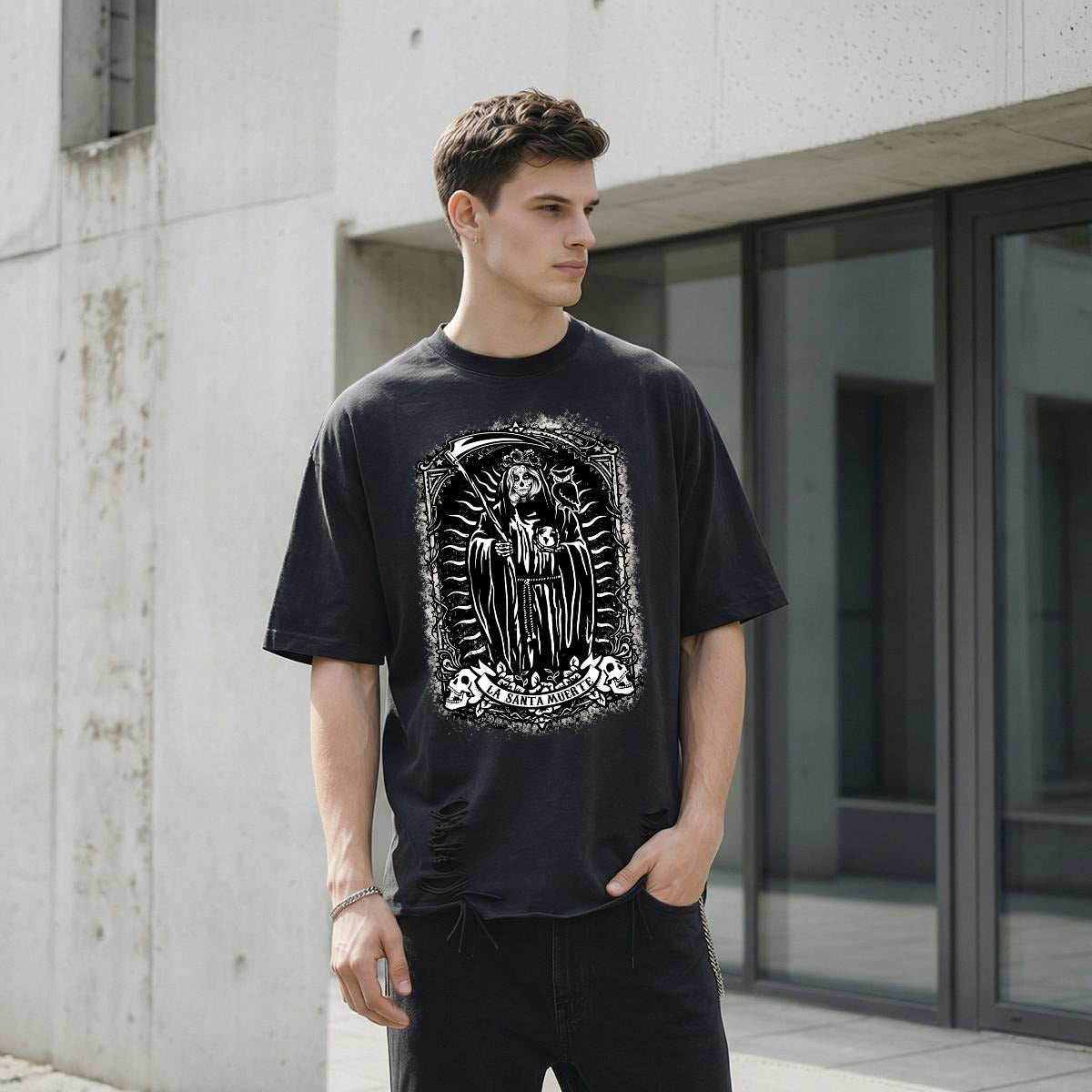 LA SANTA MUERTE Distressed Washed Oversized T-Shirt