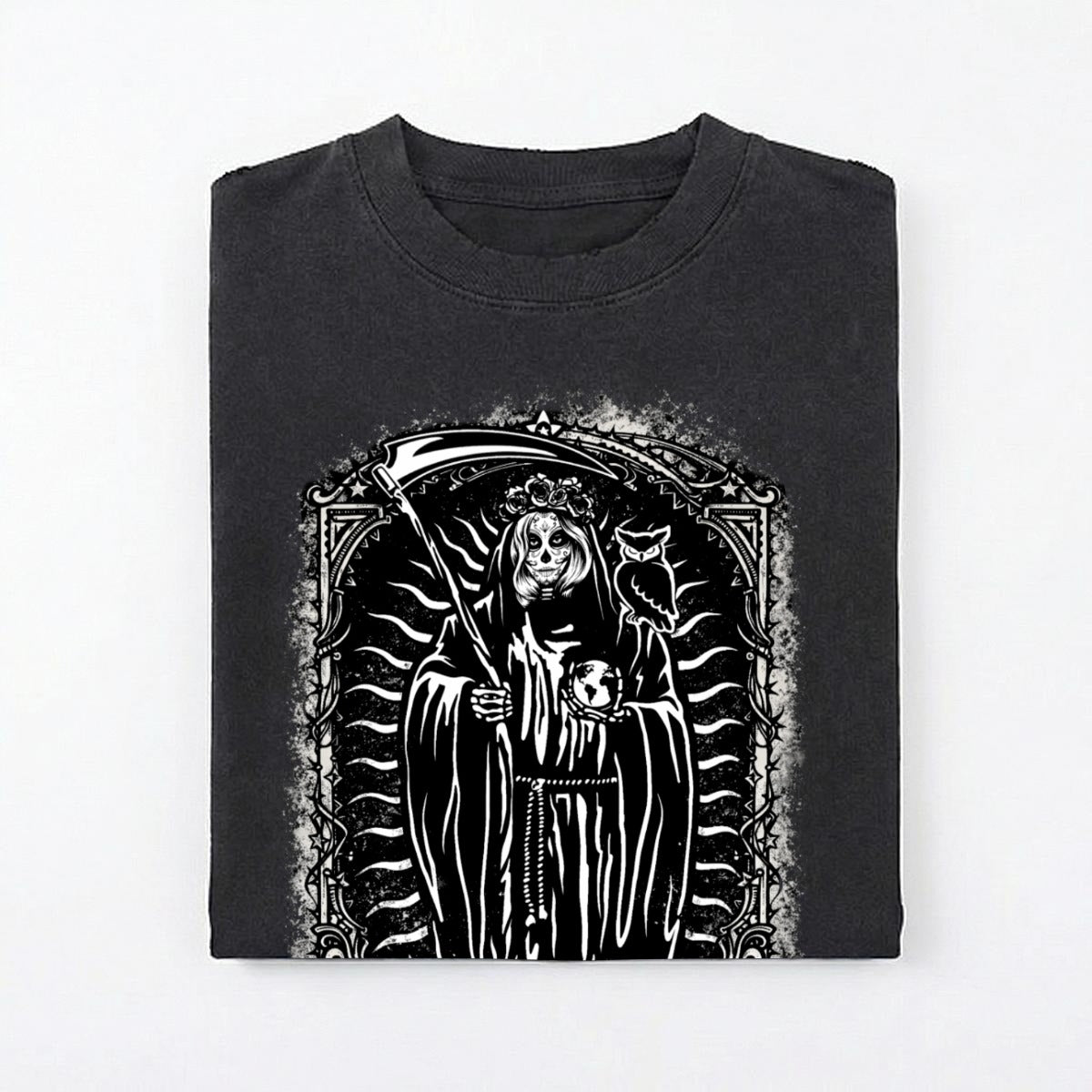LA SANTA MUERTE Distressed Washed Oversized T-Shirt