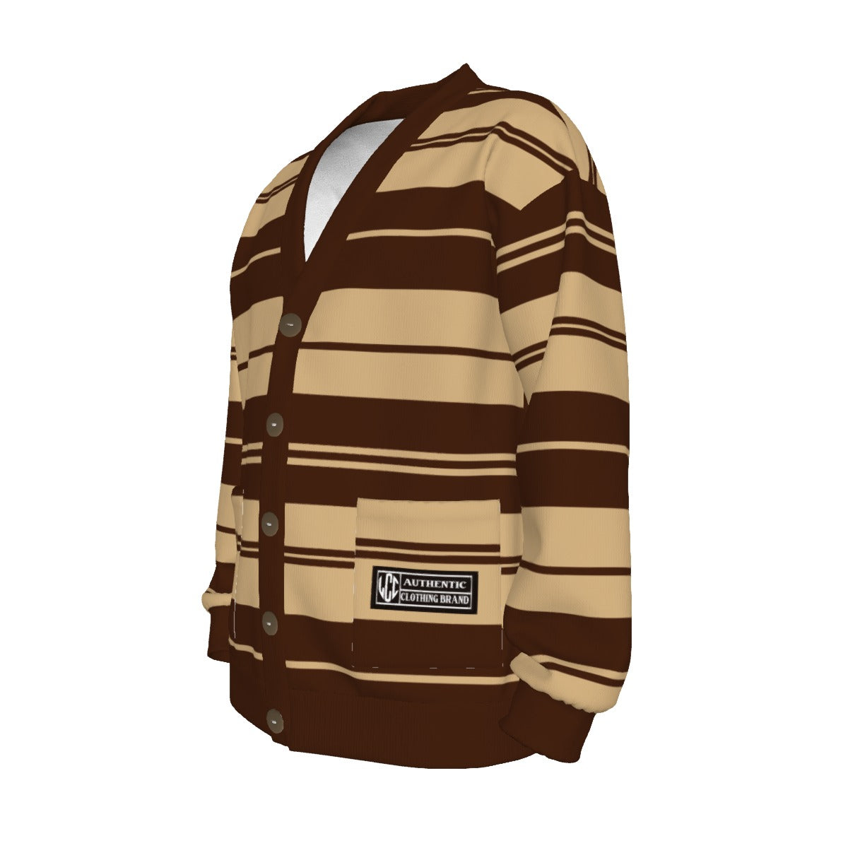 CHARLY STRIPES BRWN Unisex V-neck Knitted Fleece Cardigan With Button Closure