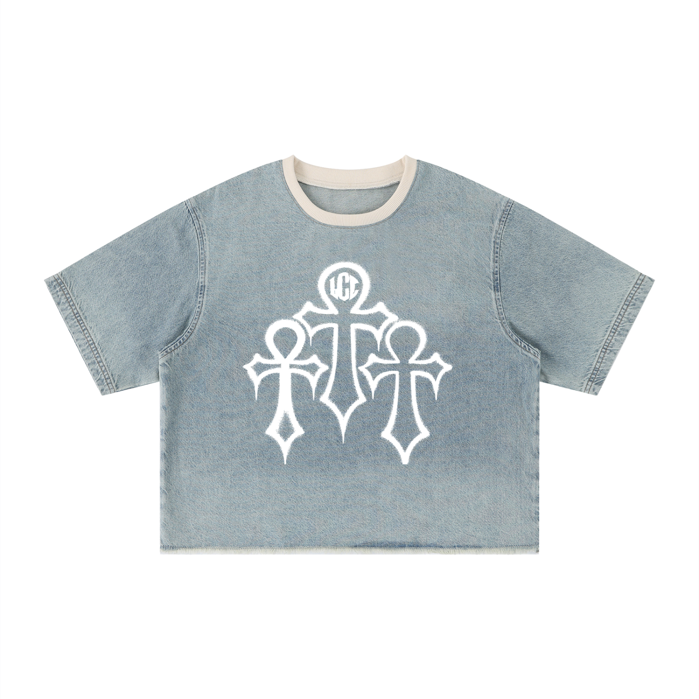 HOLY SIN Unisex Vintage Wash Boxy Raw Hem Denim T-Shirt