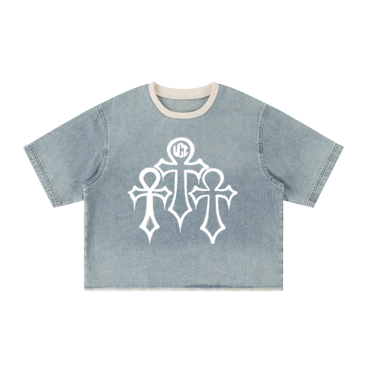 HOLY SIN Unisex Vintage Wash Boxy Raw Hem Denim T-Shirt