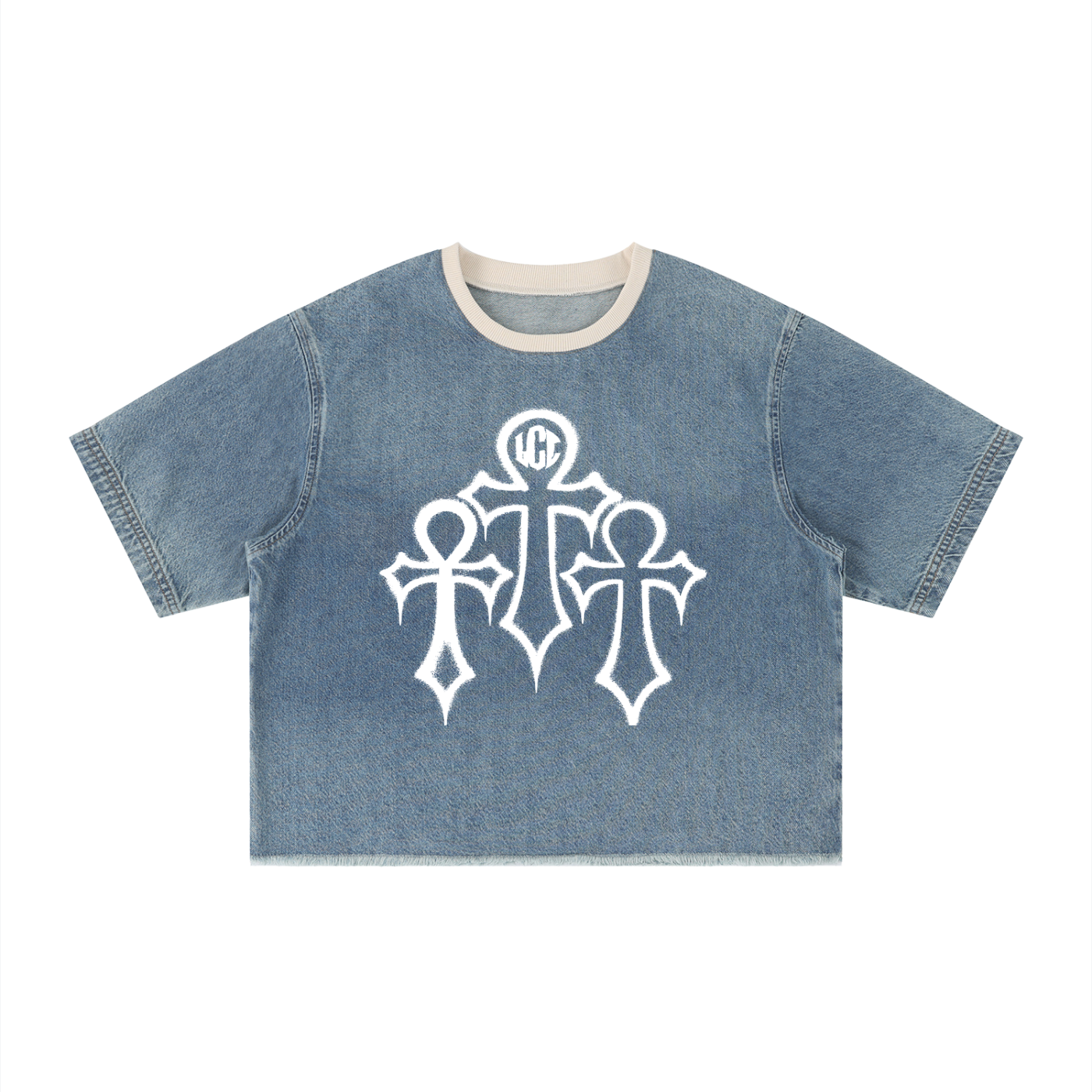 HOLY SIN Unisex Vintage Wash Boxy Raw Hem Denim T-Shirt