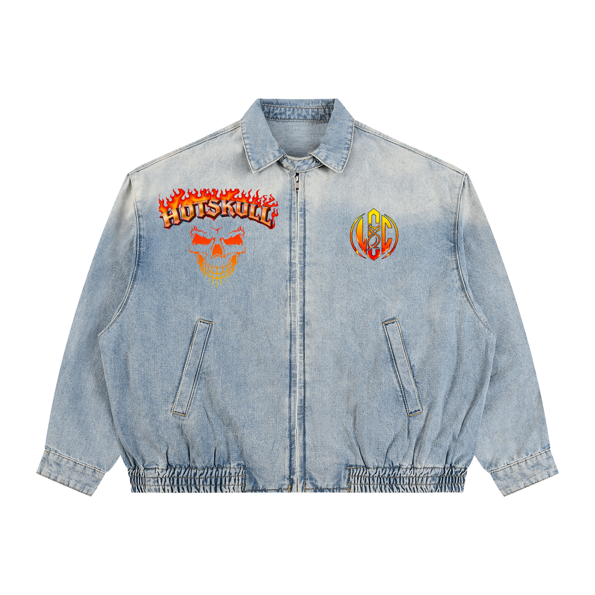 LCC HOTSKULL Unisex Vintage Wash Full-Zip Denim Jacket