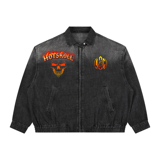 LCC HOTSKULL Unisex Vintage Wash Full-Zip Denim Jacket