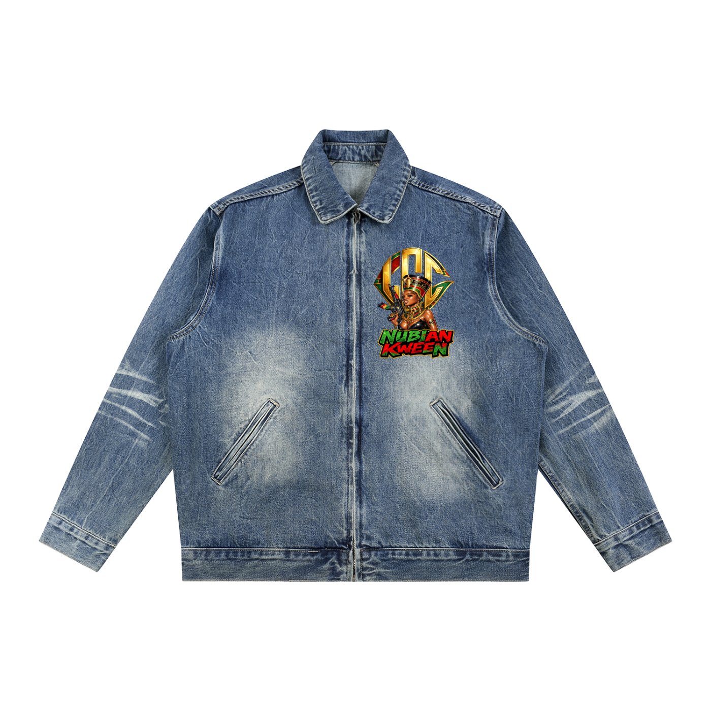 NUBIAN KWEEN Vintage Wash Zip Up Denim Jacket