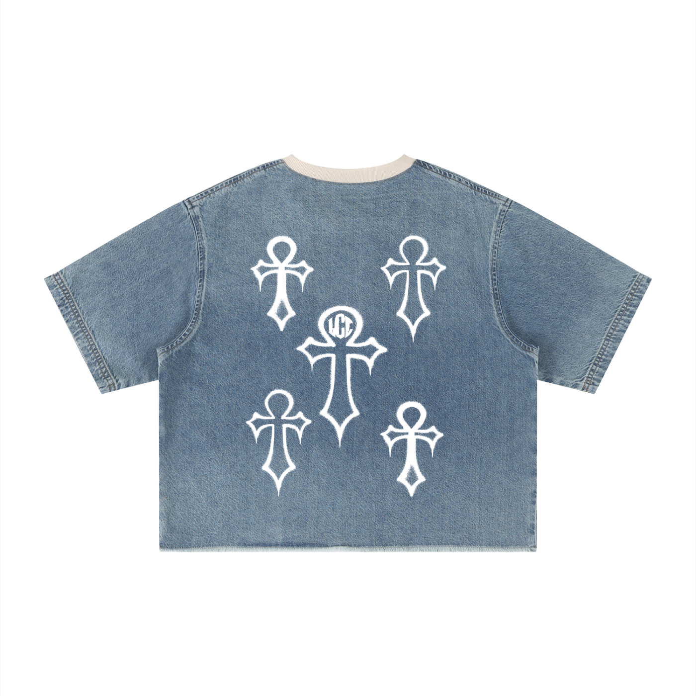 HOLY SIN Unisex Vintage Wash Boxy Raw Hem Denim T-Shirt
