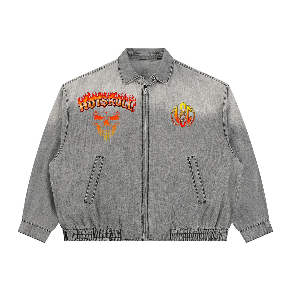 LCC HOTSKULL Unisex Vintage Wash Full-Zip Denim Jacket