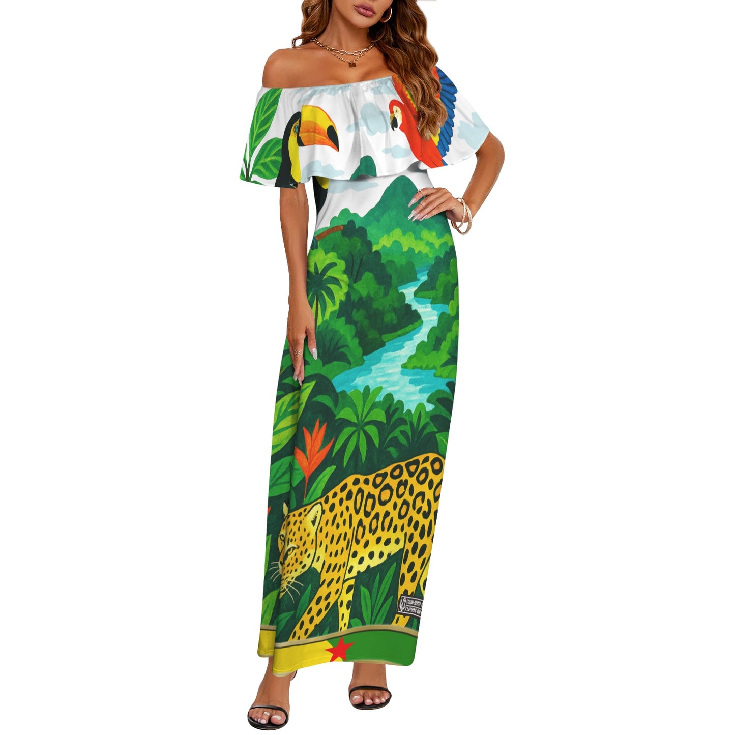 GUYANE PAYSAGE Women's Off Shoulder Ruffle Boat Neck Dress