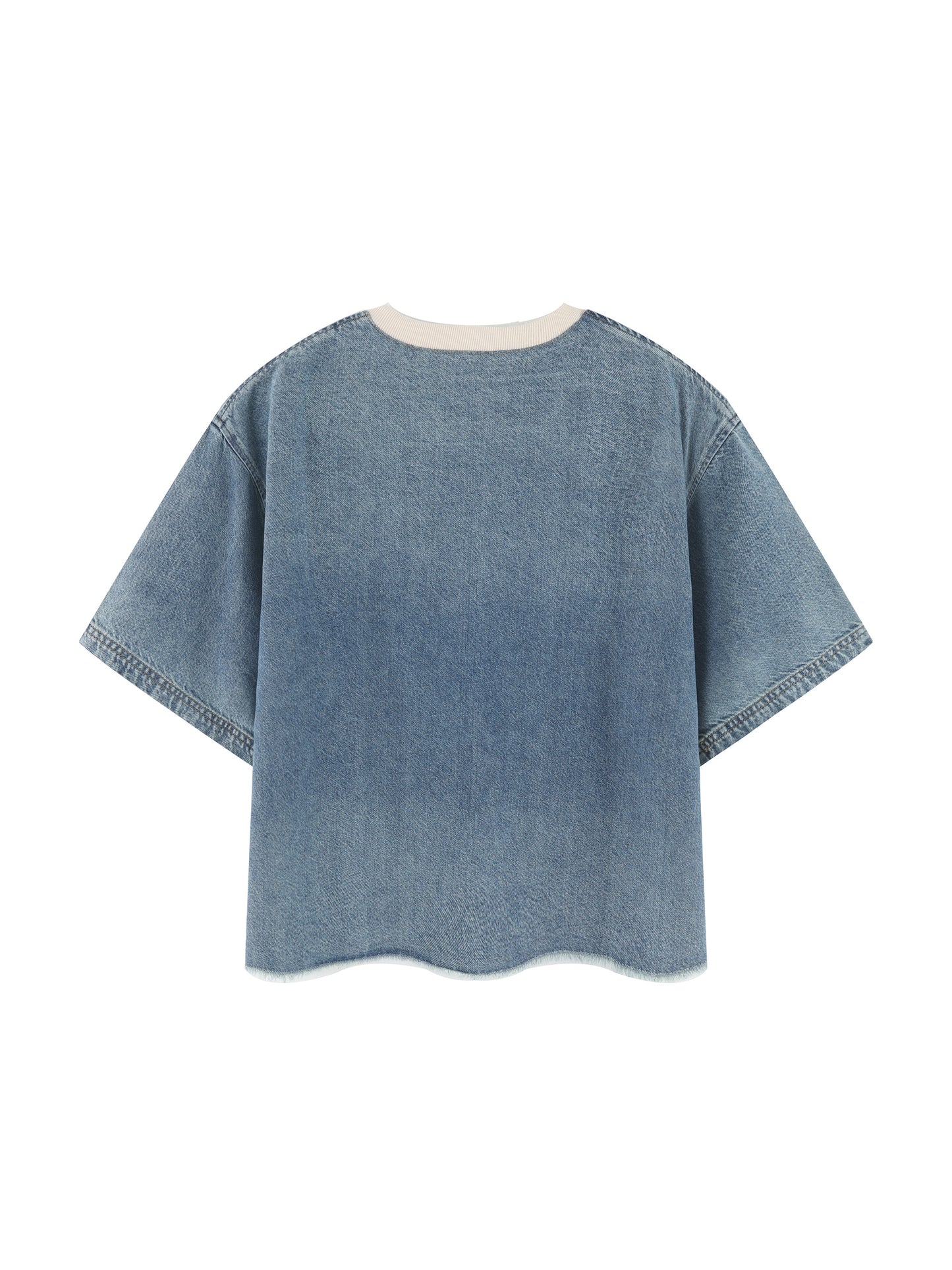 HOLY SIN Unisex Vintage Wash Boxy Raw Hem Denim T-Shirt
