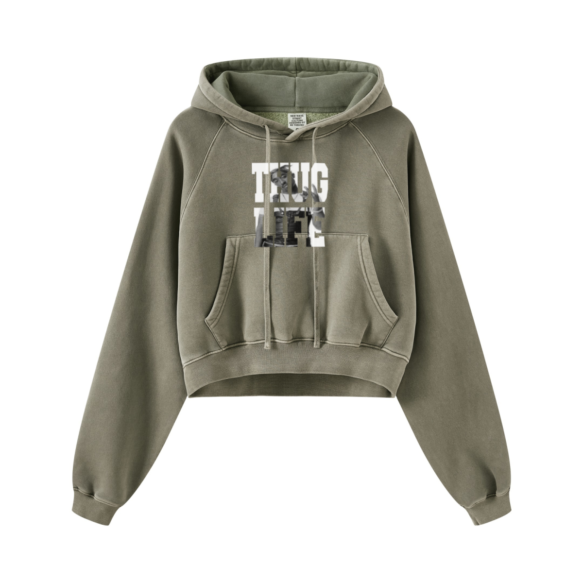 400GSM Women’s Retro-Wash Raglan Cropped Hoodie Gray Green