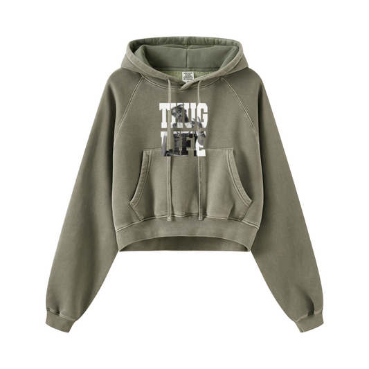 400GSM Women’s Retro-Wash Raglan Cropped Hoodie Gray Green
