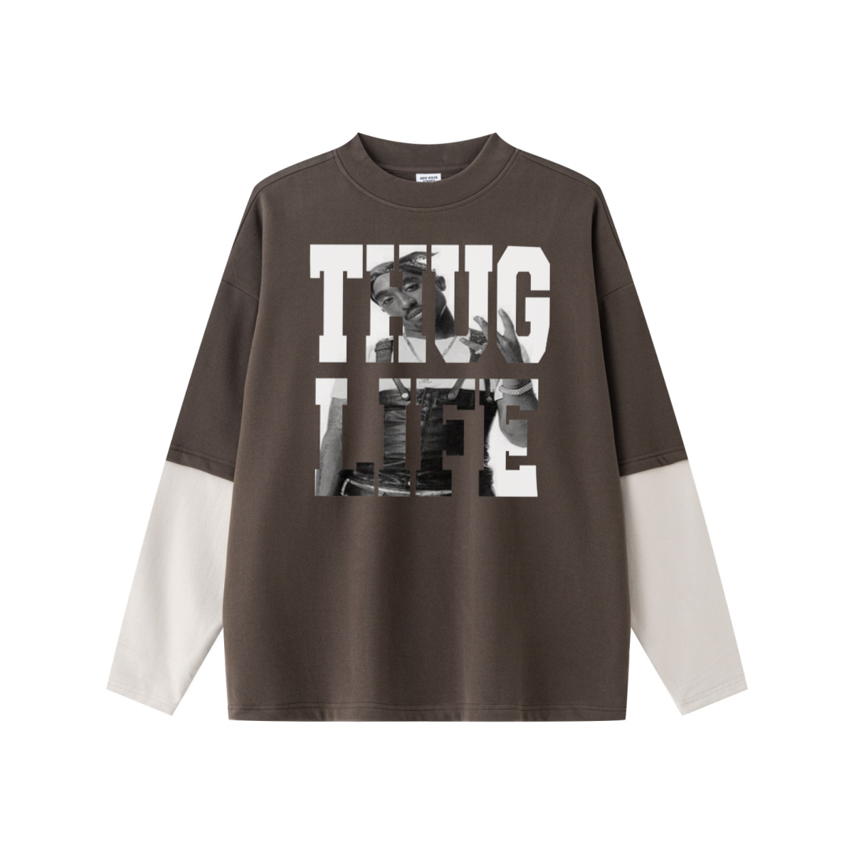 320GSM Unisex Faux Layered Solid Color Base Layer Long-Sleeve Coffee/Grey Apricot
