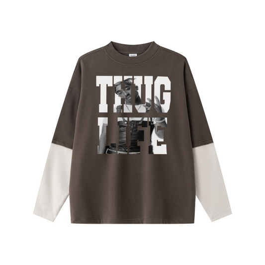 320GSM Unisex Faux Layered Solid Color Base Layer Long-Sleeve Coffee/Grey Apricot