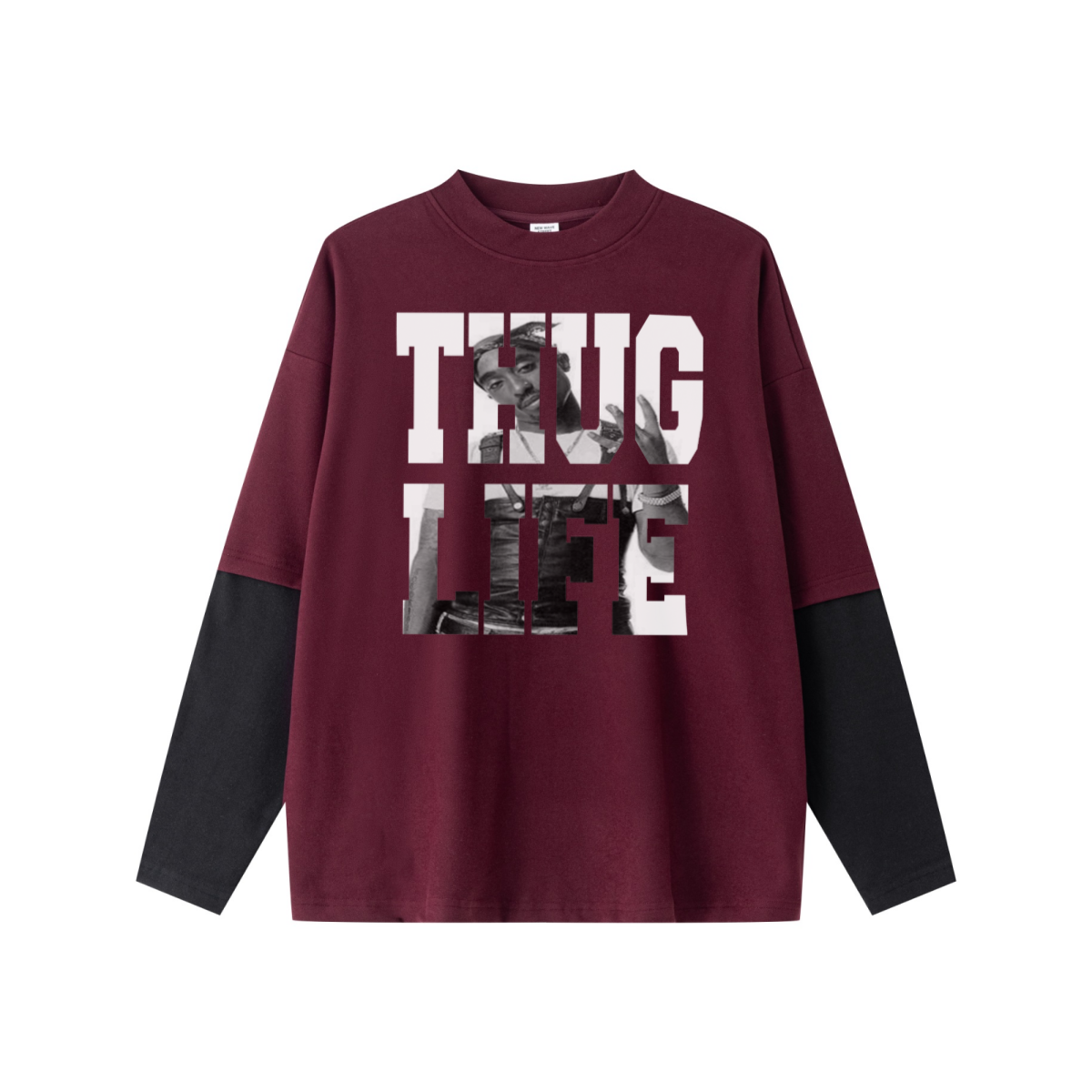 320GSM Unisex Faux Layered Solid Color Base Layer Long-Sleeve Dark Red/Black