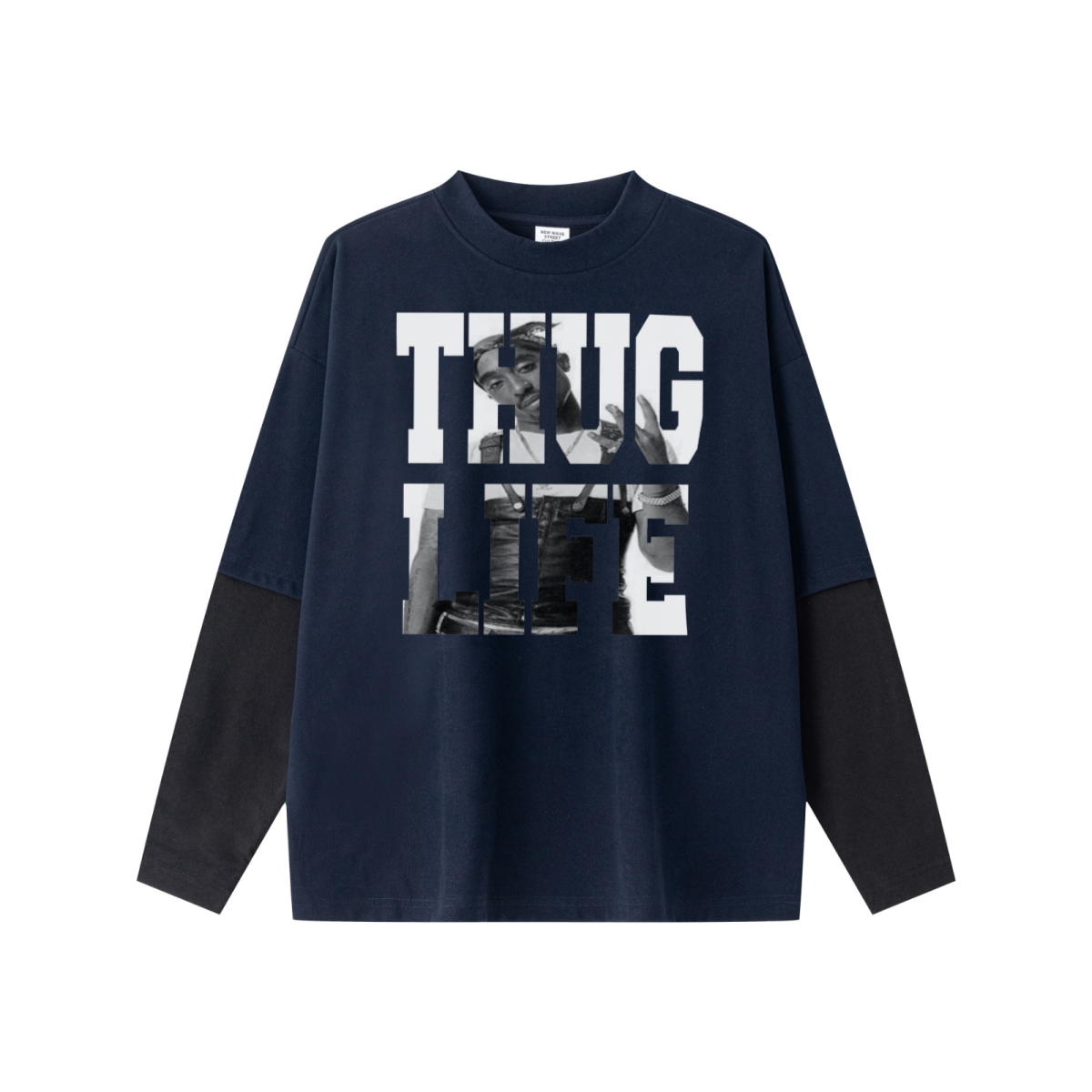 320GSM Unisex Faux Layered Solid Color Base Layer Long-Sleeve Navy Blue/Black