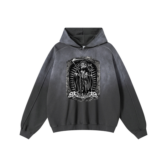 370GSM Unisex Monkey Wash Raw-Edge PP-Sprayed French Terry Hoodie Vintage Dark Grey