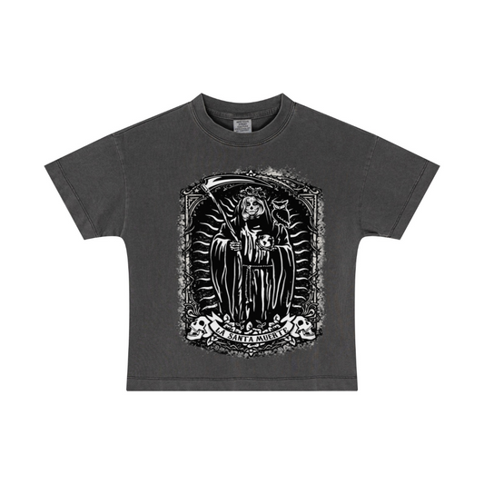 230GSM Women’s Fried-Color Snow-Wash Milan Double-Yarn T-shirt Dark grey