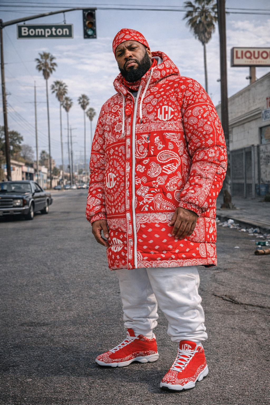 LCC BANDANA RED Unisex Long Down Jacket