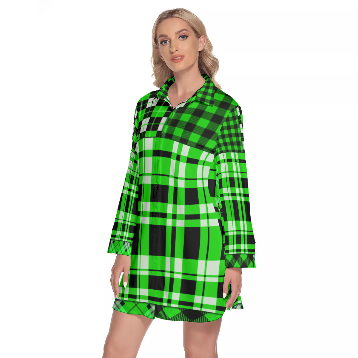 FLEXIN PLAID FLUO Women's Lapel Shirt Dress With Long Sleeve