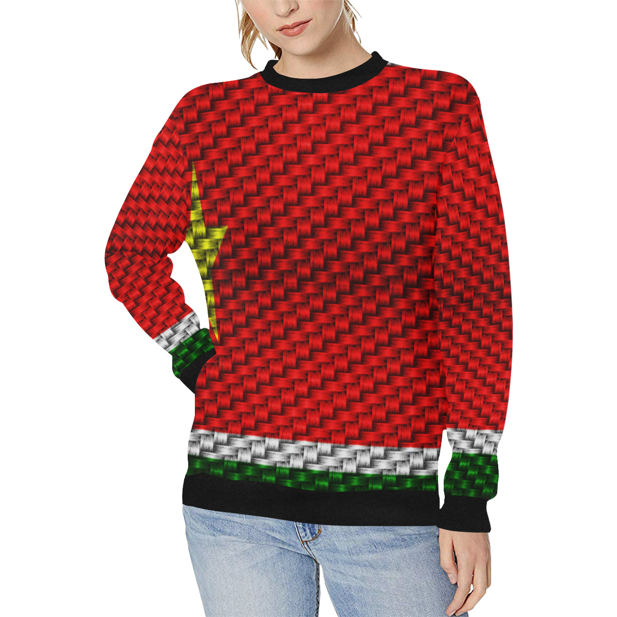 GWADA FLAG Women's Rib Cuff Crew Neck Sweatshirt (Model H34)
