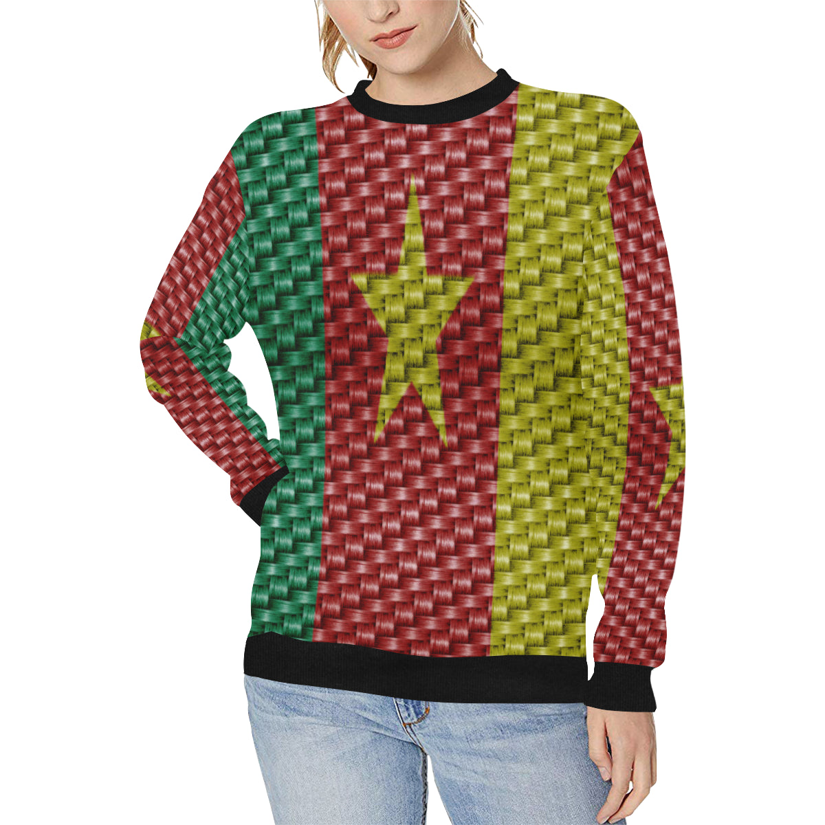 CAMEROUN FLAG Women's Rib Cuff Crew Neck Sweatshirt