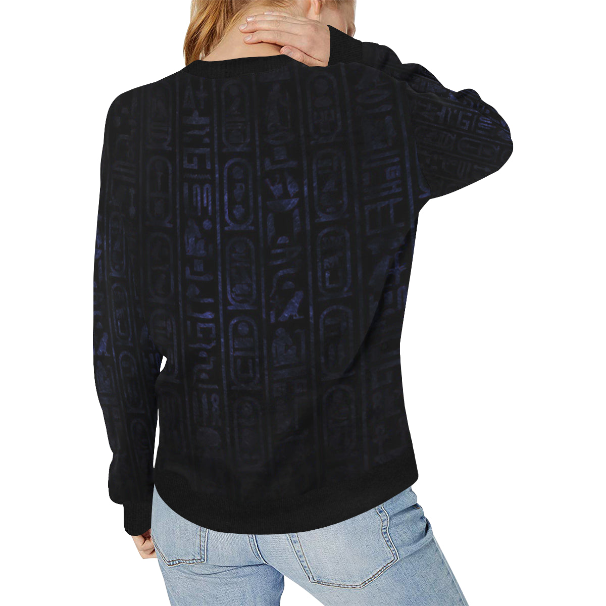 HIEROGLYH BLUE Women's Rib Cuff Crew Neck Sweatshirt (Model H34)