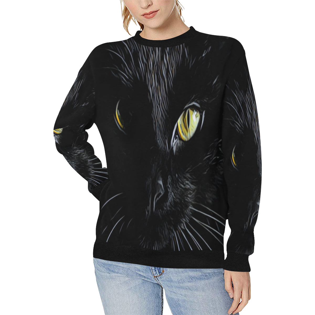 THE CAT Women's Rib Cuff Crew Neck Sweatshirt (Model H34)