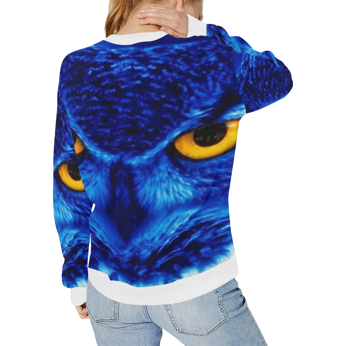 FLASHY BLUE OWL Women's Rib Cuff Crew Neck Sweatshirt (Model H34)