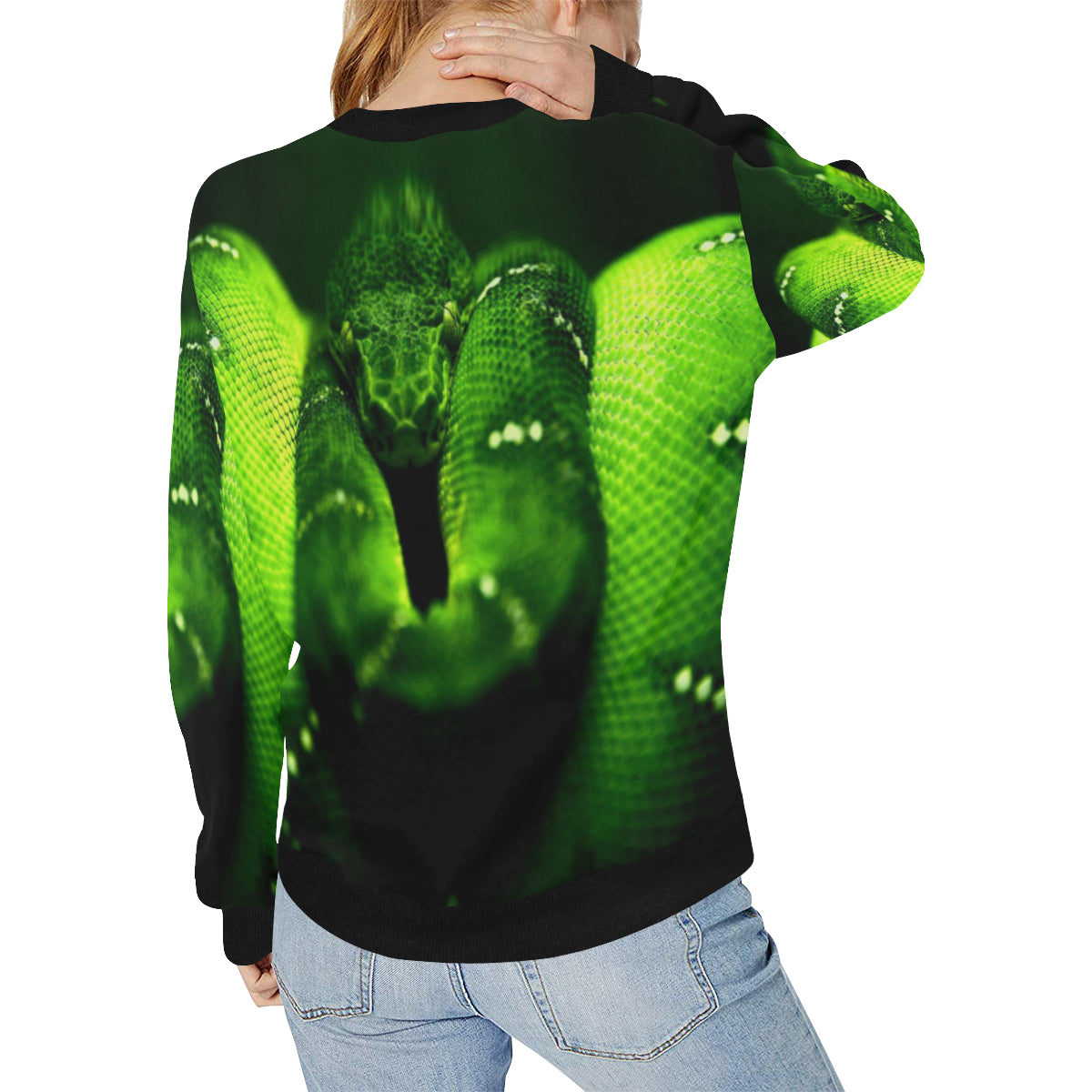 SNAKE GREEN Women's Rib Cuff Crew Neck Sweatshirt (Model H34)