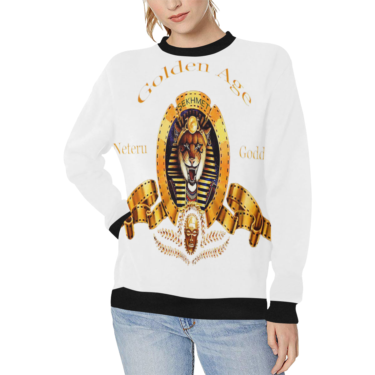 SEKHMET GODDESS Women's Rib Cuff Crew Neck Sweatshirt (Model H34)