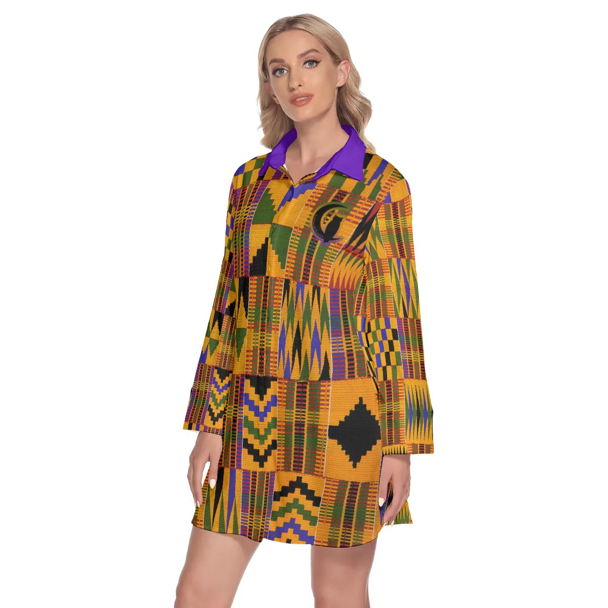 All-Over Print Women's Lapel Shirt Dress With Long Sleeve
