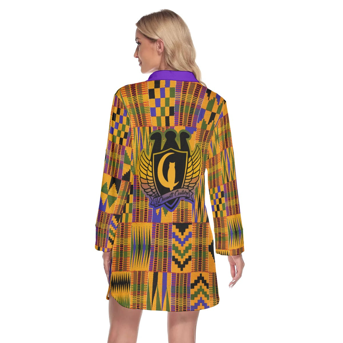 All-Over Print Women's Lapel Shirt Dress With Long Sleeve