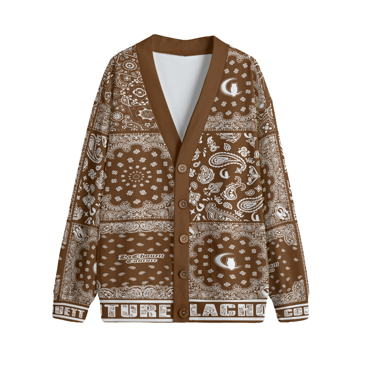 BANDANA MIX BROWN Unisex V-neck Knitted Fleece Cardigan With Button Closure