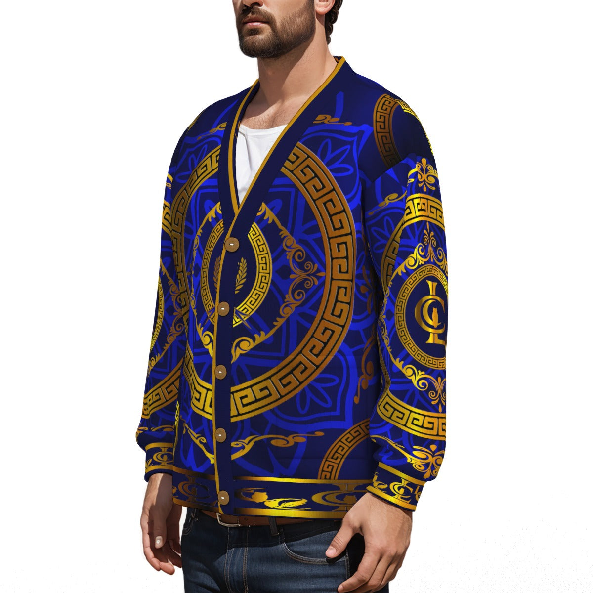 All-Over Print Unisex V-neck Knitted Fleece Cardigan With Button Closure