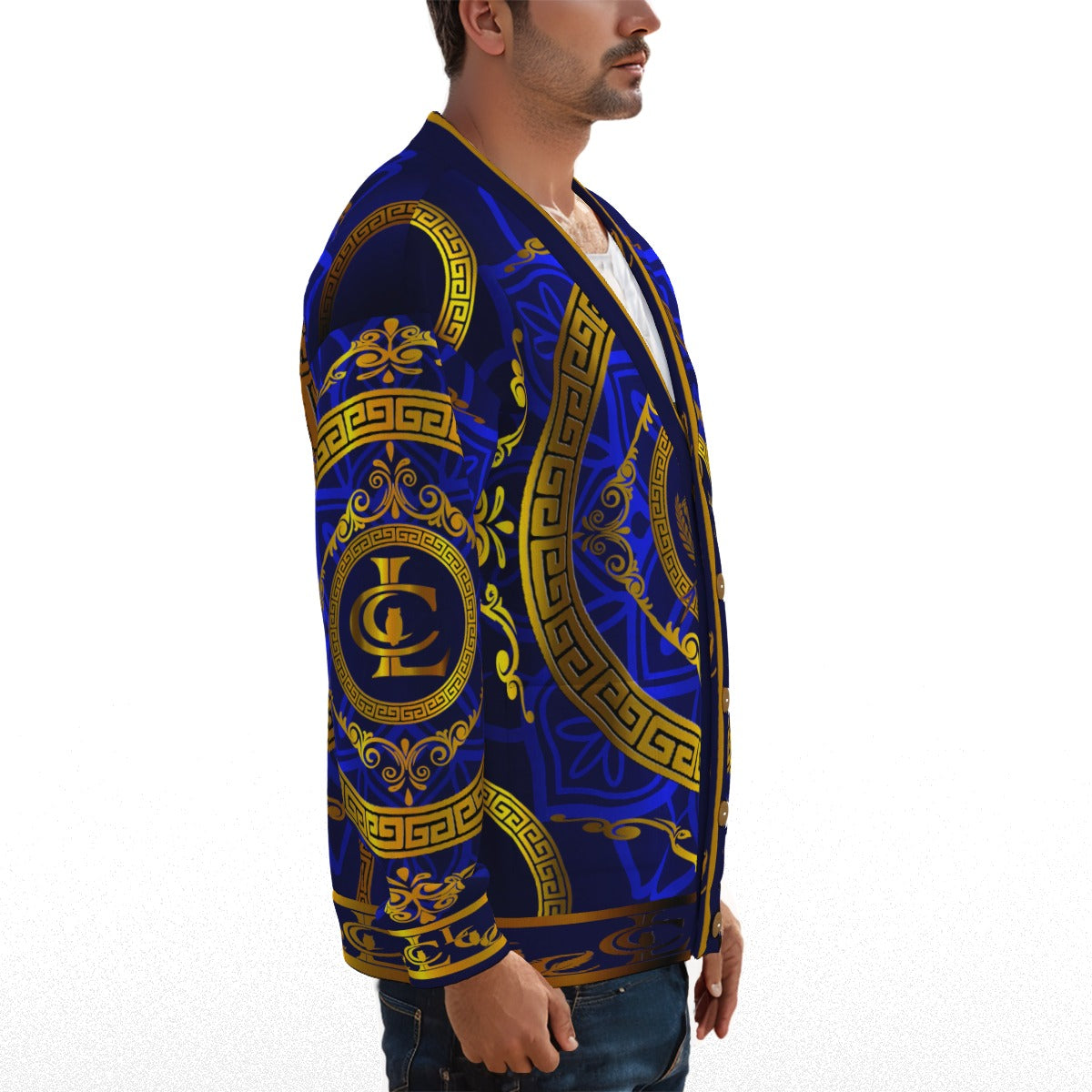 All-Over Print Unisex V-neck Knitted Fleece Cardigan With Button Closure