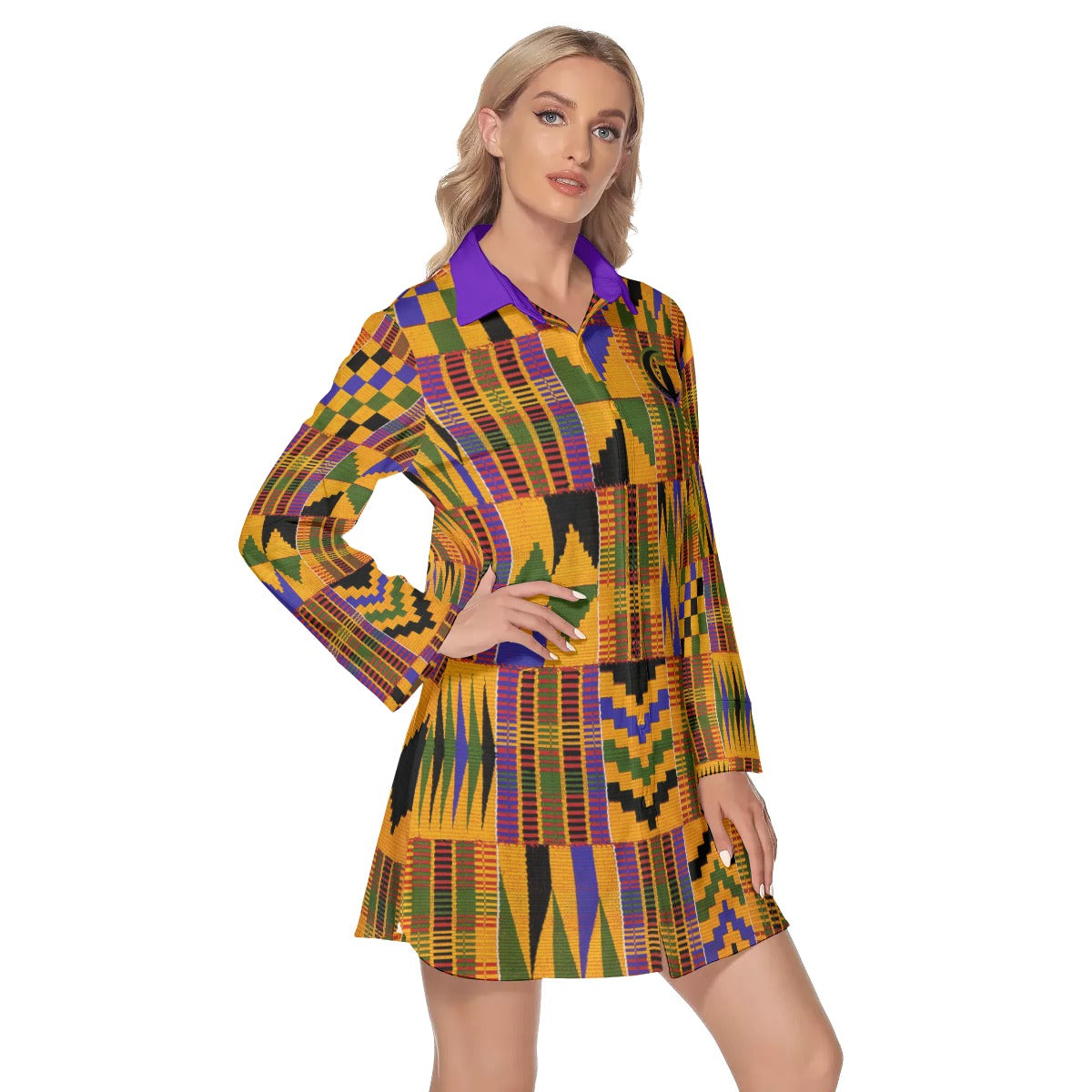 All-Over Print Women's Lapel Shirt Dress With Long Sleeve
