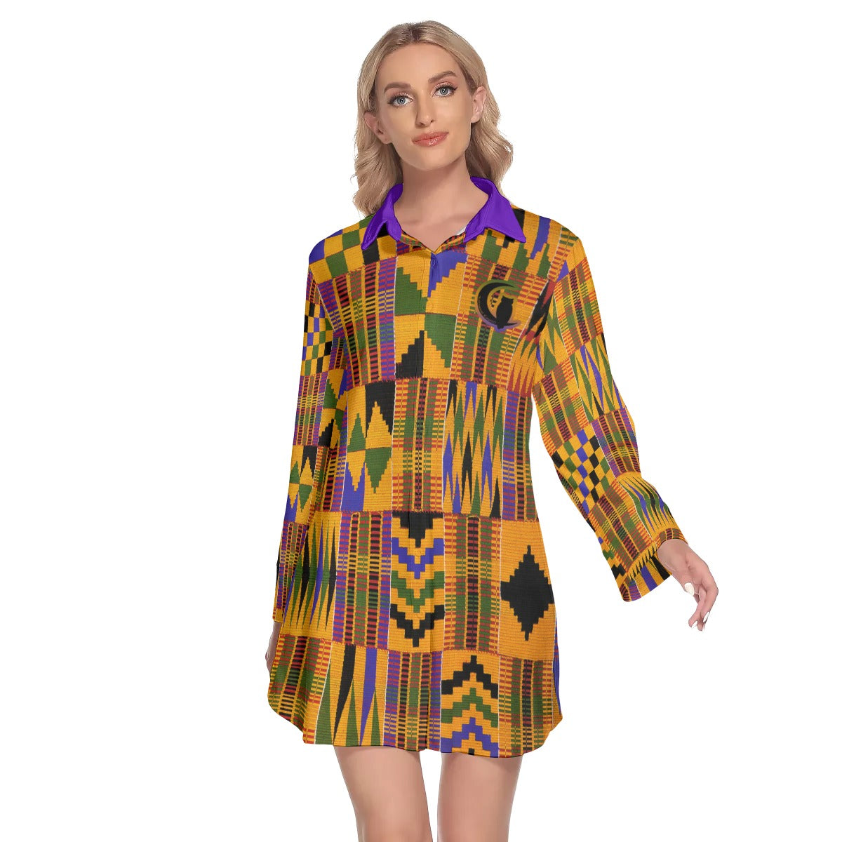 All-Over Print Women's Lapel Shirt Dress With Long Sleeve